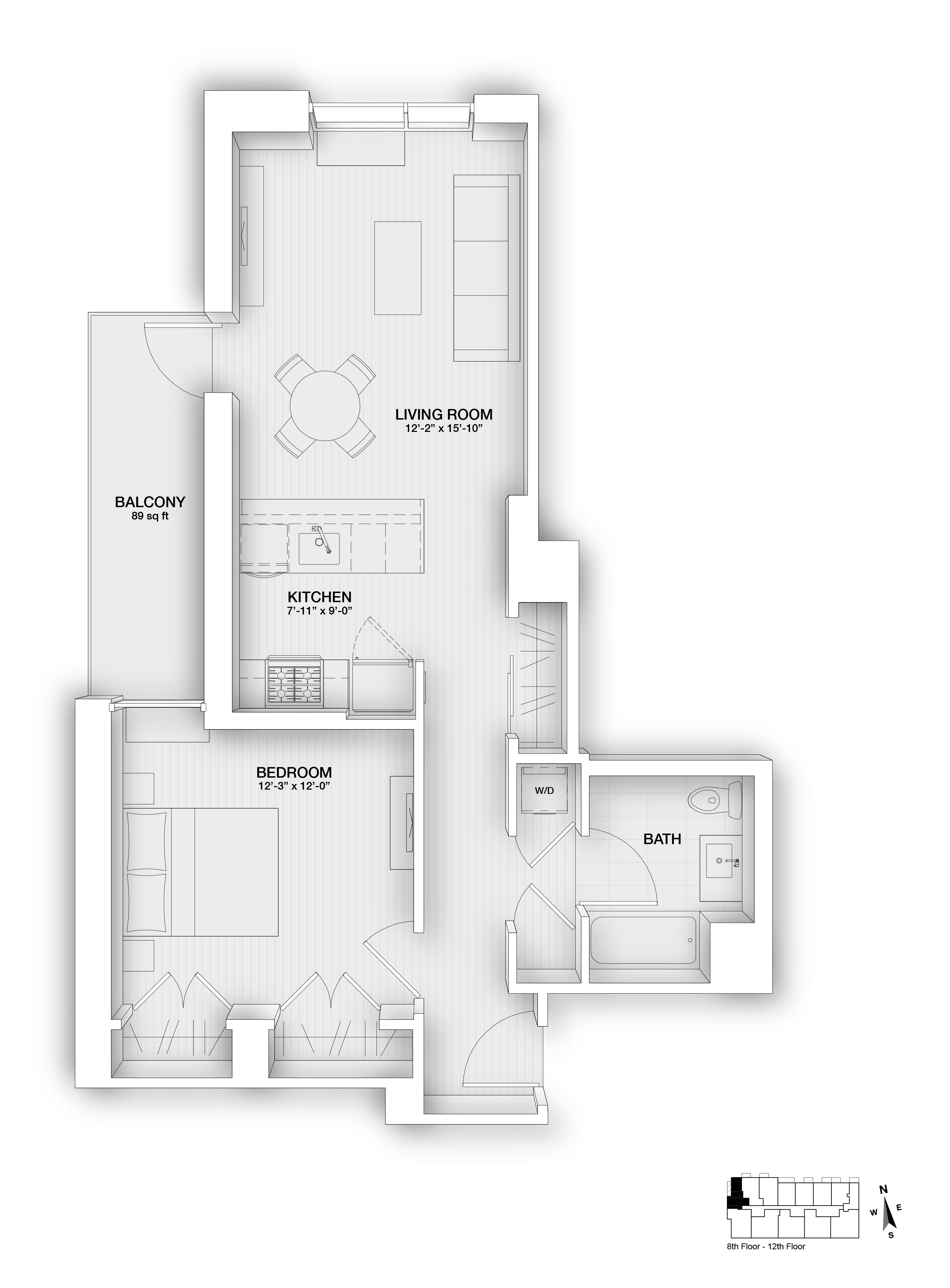 Floor plan for 1 bed, 1 bath, 752 sqft